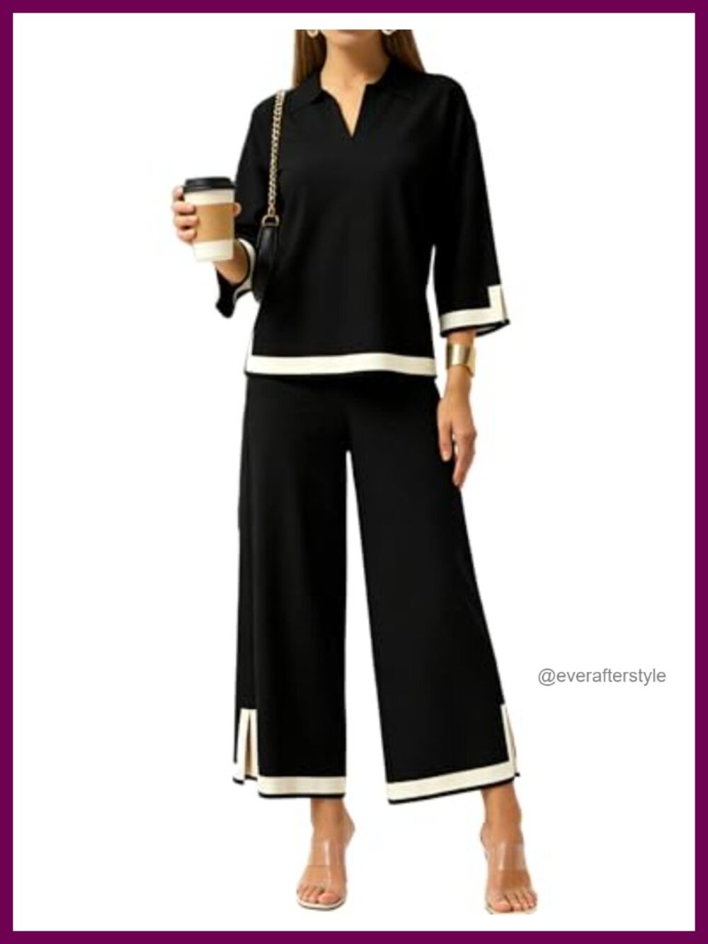 Women 2 Piece Sweater Lounge Set 3/4 Sleeve Knit Top Wide Leg Crop Pants